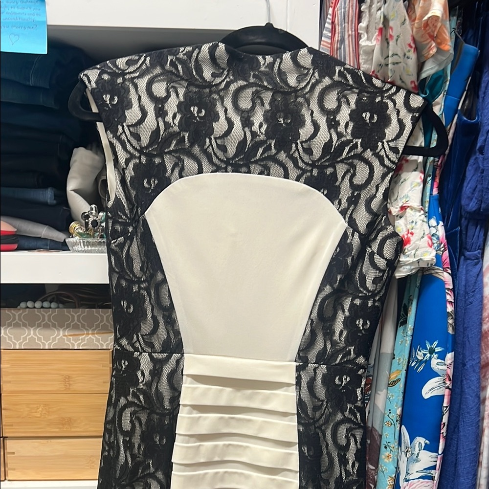 Cache Black and White Pleated Ruched Sheath Midi Dress - Picture 5 of 7
